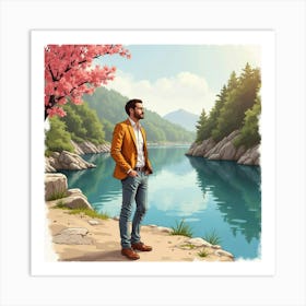 Stylish Man In Watercolor Outfit, Romantic Riverside View 1 Art Print