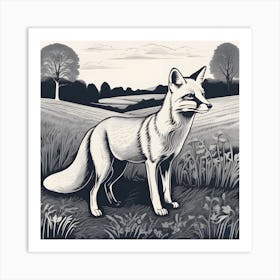 Fox In The Field Linocut 2 Art Print