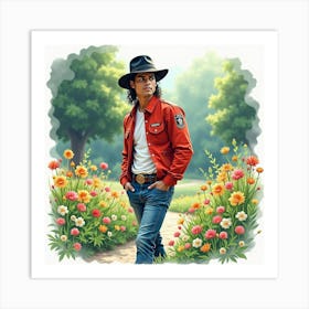 Watercolor Image Of Michael Jackson In A Tranquil Garden 1 Art Print