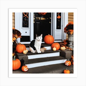 Halloween Cat On Front Porch Art Print