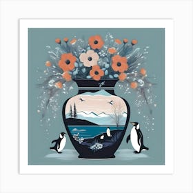 Flower Vase Decorated with Penguin Landscape, Deep Blue, White and Pastel Orange Art Print