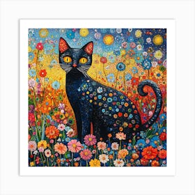 Black Cat In A Flower Field 3 Art Print