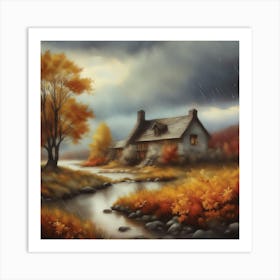 Autumn House In The Rain Art Print