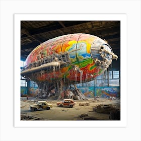 Giant Airship in ruins. Crash investigation hanger. Art Print