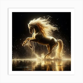 Golden Horse Running In Water 2 Art Print
