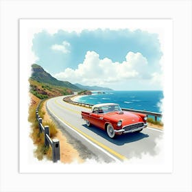 Classic Car On A Beautiful Coastal Highway, Watercolor Painting 1 Art Print