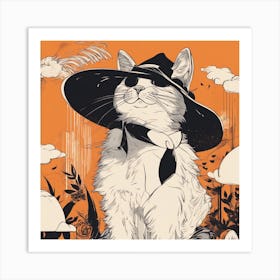 A Silhouette Of A Cat Wearing A Black Hat And Laying On Her Back On A Orange Screen, In The Style Of (2) Art Print