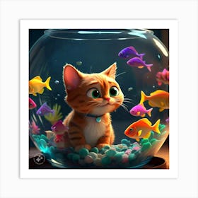 Cat watching Fish in Fish Bowl 1 Art Print