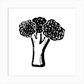 Broccoli. Ink texture doodle. Black and white illustration, Bauhaus Art Print