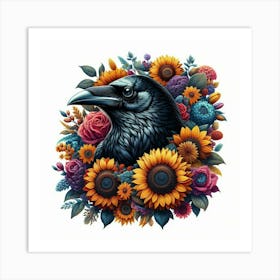 Crow And Sunflowers Art Print