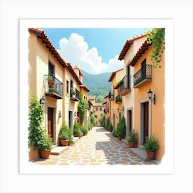 Rustic Watercolor Of A Charming Spanish Village With Narrow Streets Art Print