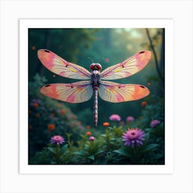 A Whimsical Dragonfly With Wings Of Fractal, Neon Patterns Hovering Over A Dreamlike Garden 1 Art Print