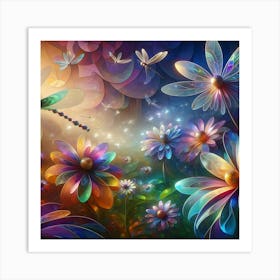 Dragonflies And Flowers 1 Art Print