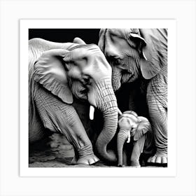 Family Of Elephants, A Mother Animal Caring For Her Young Illustrating Nurturing And Love Art Print