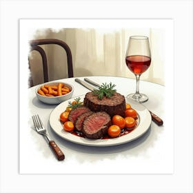 Watercolor Portrayal Of A Savory And Hearty Beef Pot Roast On A Stylish Restaurant Table Art Print