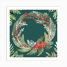 Christmas Wreath Wall Art Green Background Botanical Style #3 Art Print