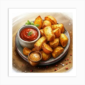 Crispy Potato Wedges With Ketchup And Mustard Sauce Art Print