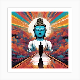 Lord Buddha Is Walking Down A Long Path, In The Style Of Bold And Colorful Graphic Design, David , R (6) Art Print