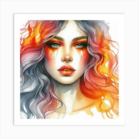 Watercolor Girl With Fire Art Print