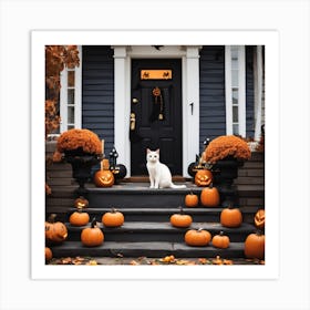 Halloween Cat On Front Porch 1 Art Print