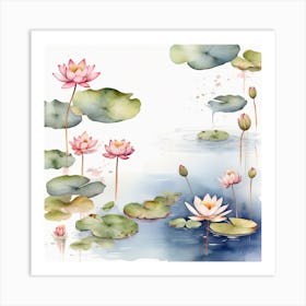 Surface of water with water lilies and maple leaves 4 Art Print