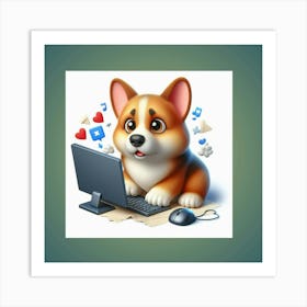 Corgi On A Laptop Art Print