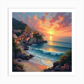 Dreamy Sunset Painting Of A Quaint Seaside Town 1 Art Print