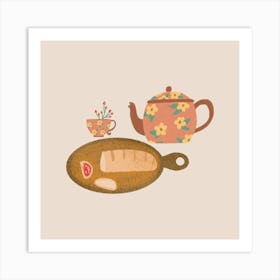 Tea time with fruit jam and bread Art Print