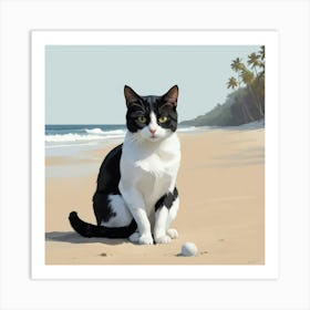 Art Cat Sitting On The Beach Art Print Art Print