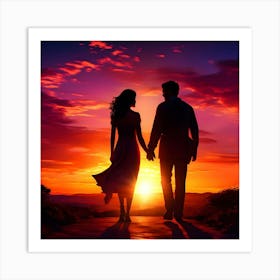 Couple Holding Hands At Sunset Art Print