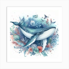 Sea Whale In Motion, Sea Whale Watercolour Art Print 2 Art Print