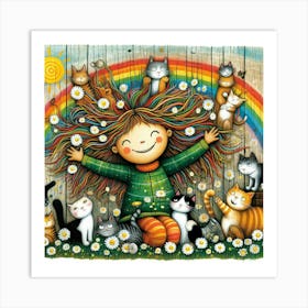 Rainbow Girl With Cats Art Print