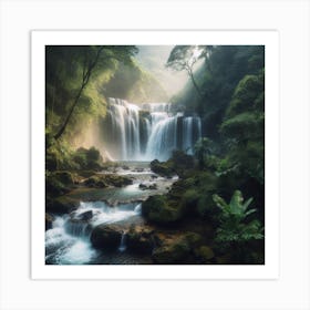 A majestic waterfall flowing through a lush rainforest4 Art Print