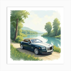 Luxury Coupe By A Tranquil Riverbank, Watercolor Painting 1 Art Print