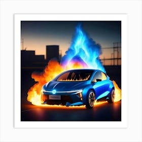 Electric Car In Flames Art Print