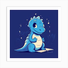 Blue Dinosaur Reading A Book 1 Art Print