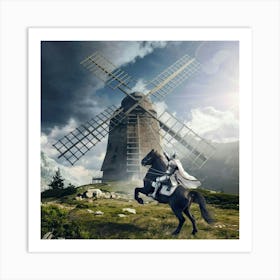 Knight On Horseback In Front Of Windmill Art Print