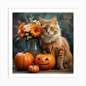 Halloween Cat With Pumpkins And Flowers 1 Art Print