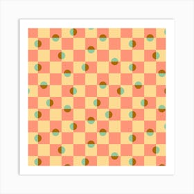 DAPPLED Retro Minimalist Mid-Century Modern Geometric Checkerboard with Polka Dots in Pink Mint Cream Brown Art Print