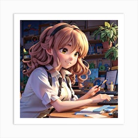 Anime Girl Working At Desk Art Print