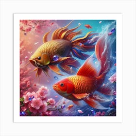 Two Goldfish Swimming In The Water Art Print