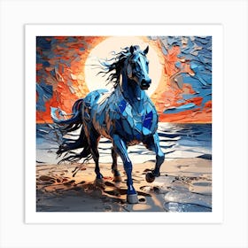 Blue Horse On The Beach Art Print