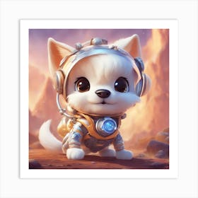 A Super Cute Chibi Zodiac Dog, In The Universe, With Snowwhite Shiny Fur, Happy Smile, Happy Smile, Art Print
