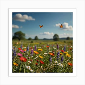 A Peaceful Meadow With Colorful Wildflowers And Butterflies Fluttering Around Art Print