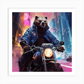 Bear On A Motorcycle in Cyberpunk Futuristic Enviroment Art Print