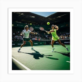 Tennis Match Captured In Mid Action Players Frozen Mid Swing With Rackets Poised To Strike Sunligh (1) 2 Art Print