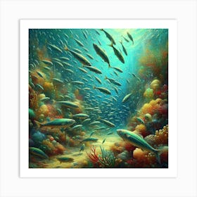 Sardines Swimming In A Surreal Underwater Garden, Style Digital Impressionism 1 Art Print