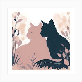 Silhouettes Of Cats In The Garden, Pastel Colors Art Print