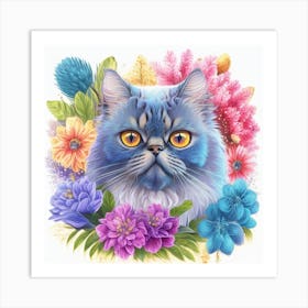 Blue Cat With Flowers Art Print