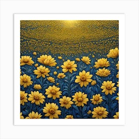 Yellow Flowers In Field With Blue Sky Centered Symmetry Painted Intricate Volumetric Lighting (1) Art Print